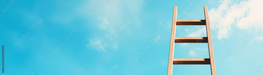 Wooden Ladder Reaching Toward the Bright Blue Sky with Soft White Clouds Appearing Above Wooden Ladder Reaching Toward the Bright Blue Sky with Soft White Clouds Appearing Above