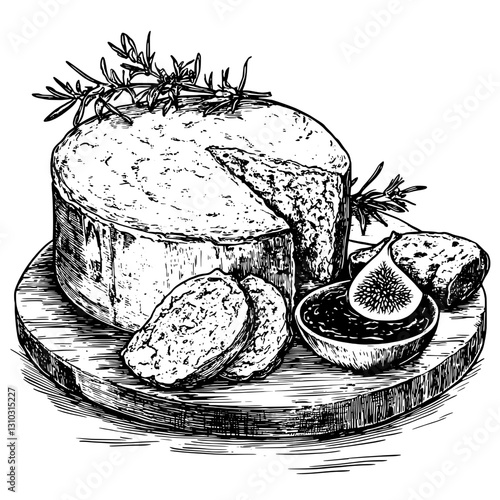 Engraved illustration of cheese platter with bread and fig jam on wooden board