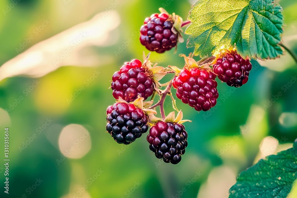 Juicy blackberries can be seen hanging from a vine surrounded by vibrant green leaves in a sunny garden. The warm light enhances the rich colors, indicating ripeness Juicy blackberries can be seen hanging from a vine surrounded by vibrant green leaves in a sunny garden. The warm light enhances the rich colors, indicating ripeness