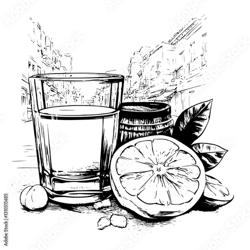 Creative vector illustration showcasing a glass of refreshing beverage adorned with a sliced lemon and surrounding natural elements