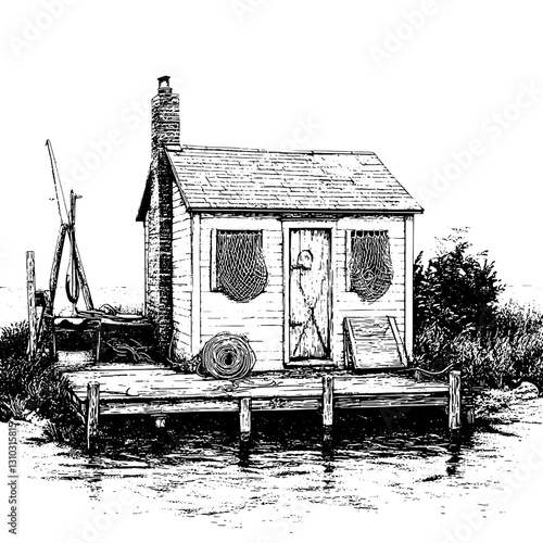 Engraved illustration of a rustic cottage by the water with a serene setting and fishing gear nearby