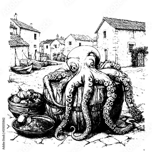 Octopus resting in a rustic village near the harbor with baskets of seafood and charming houses adorned with simplicity