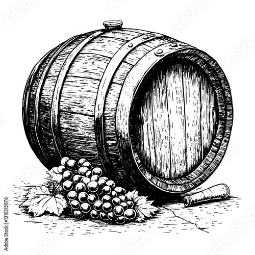 Rustic wooden barrel with grapes and a cork captures the essence of winemaking in traditional settings