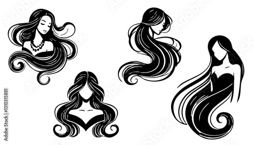 Set of black and white beautiful long hair woman silhouette