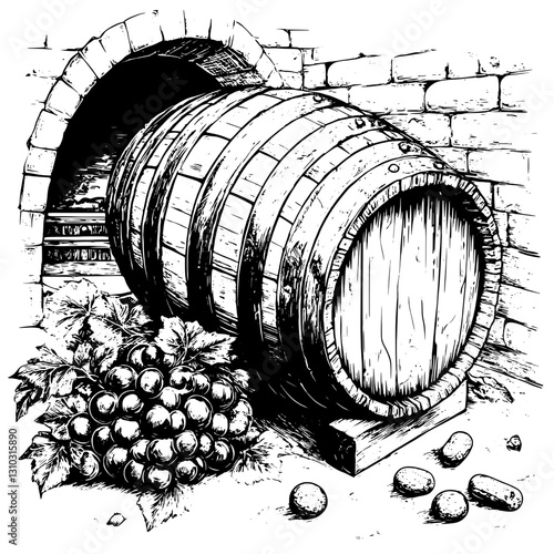 Engraved design of a vintage wine barrel surrounded by grapes and stones in an old stone cellar setting