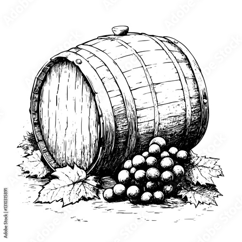 Engraved illustration featuring a vintage wooden barrel with clusters of grapes and leaves, ideal for tattoo and packaging design