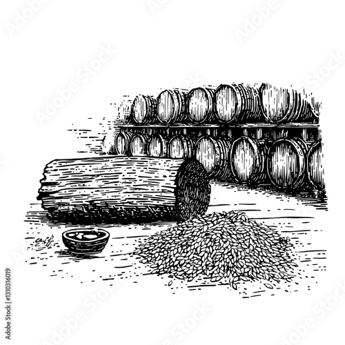 Engraved illustration capturing the rustic charm of a barrel store featuring rice grains and a bowl