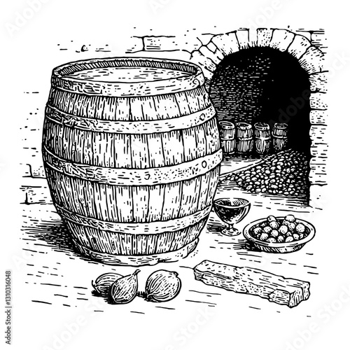 Engraved illustration of a rustic wooden barrel with onions and herbs set near a stone cellar
