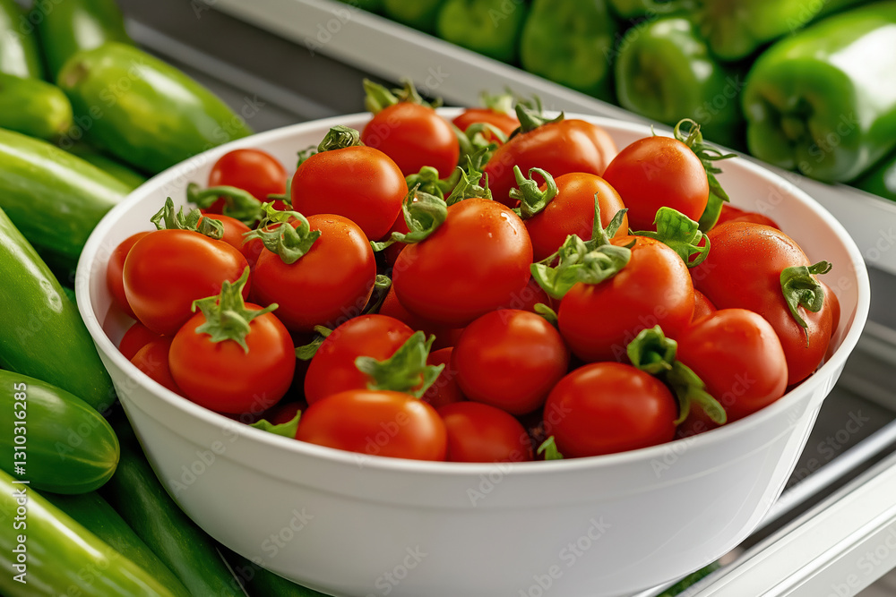 Fresh cherry tomatoes in a bowl surrounded by green vegetables at a market Fresh cherry tomatoes in a bowl surrounded by green vegetables at a market