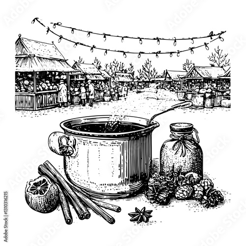Engraved illustration of a bustling outdoor market with a traditional pot and spices