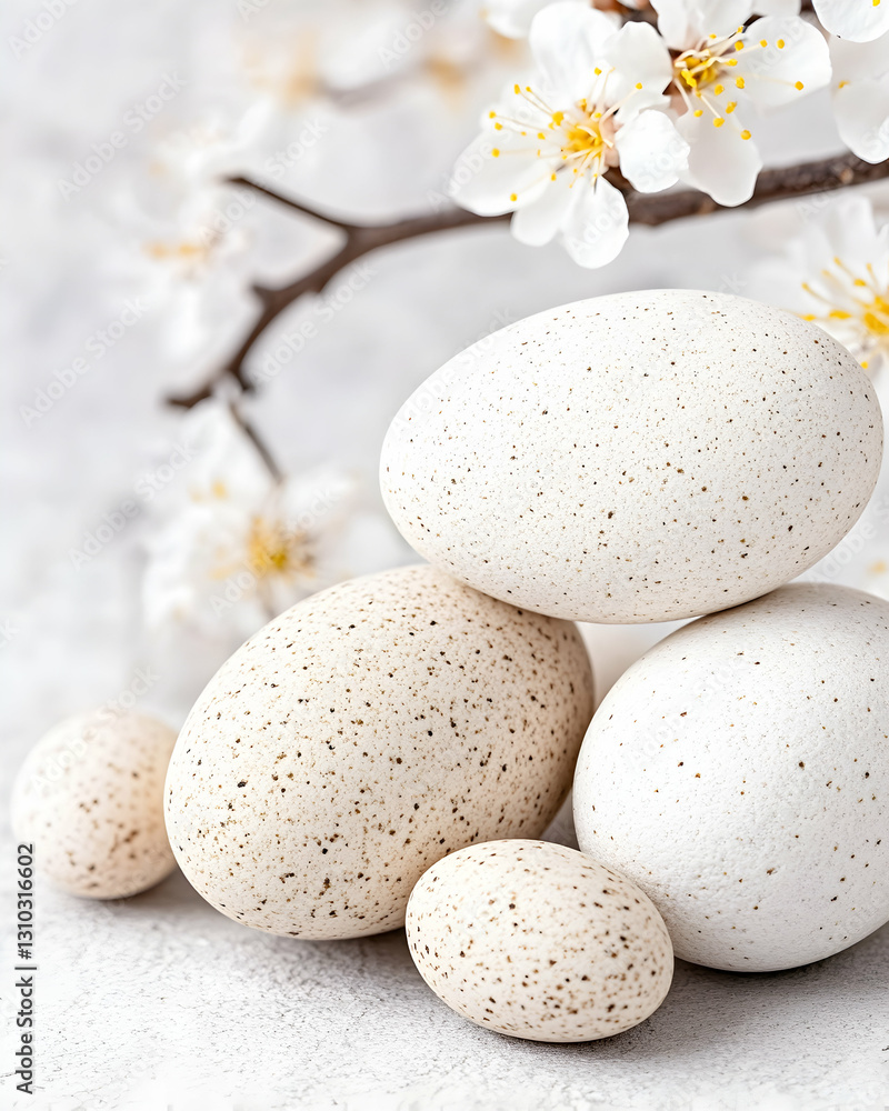 Fototapeta premium Eggs nestled in a garden, bloom, soft grey table, delicate, close-up, spring