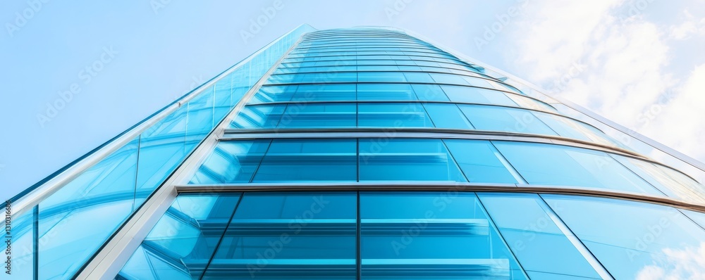 Obraz premium A stunning glass skyscraper reaches towards the sky, showcasing modern architecture and sleek design against a bright blue backdrop.
