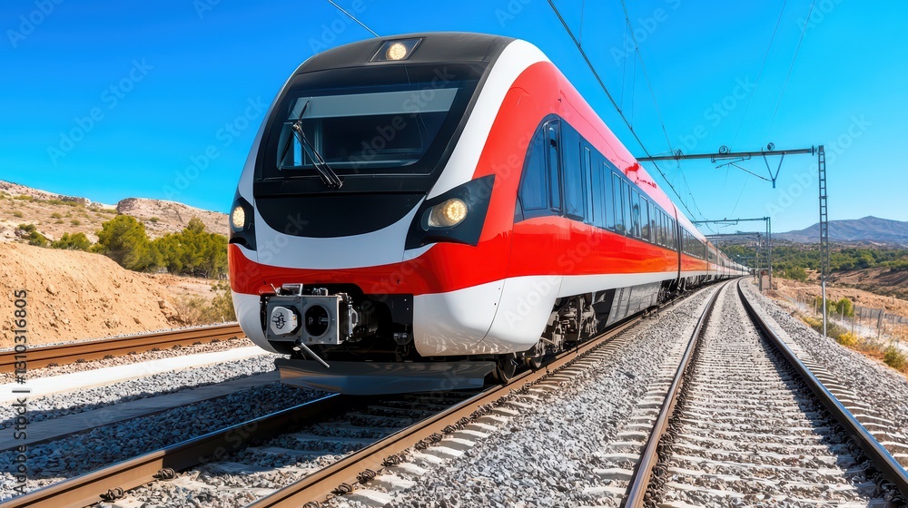Modern High-Speed Train on Tracks Under a Clear Blue Sky in Scenic Landscape Modern High-Speed Train on Tracks Under a Clear Blue Sky in Scenic Landscape
