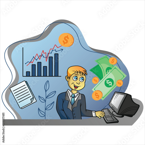 Happy businessman generating income, working on a computer, with positive financial chart and money