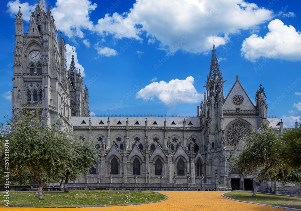 Cathedral Basilica of National Vow in historic center of Quito, Ecuador. Roman catholic church.