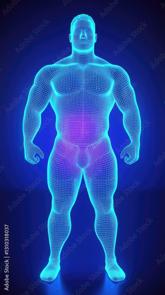 3D anatomical model of human body, abdomen highlighted, medical illustration 3D anatomical model of human body, abdomen highlighted, medical illustration