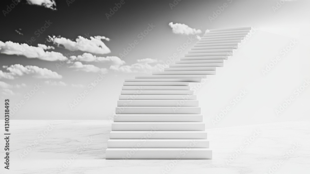Obraz premium A stunning white staircase leading to a cloudy sky, symbolizing ascension and creativity in a minimalist environment.