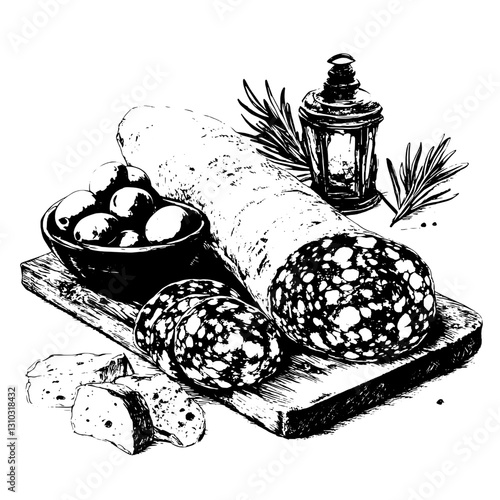 Delicious charcuterie display featuring artisanal salami, olives, and herbs, perfect for culinary inspiration and elegant gatherings