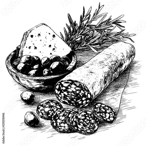 Engraved vector illustration featuring a rustic charcuterie arrangement with cheese, olives, and salami on a wooden surface