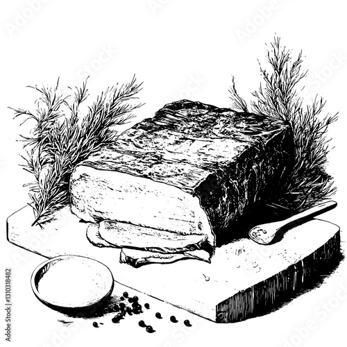 Engraved illustration of a delicious meat block resting on a wooden board surrounded by herbs and spices for culinary art lovers