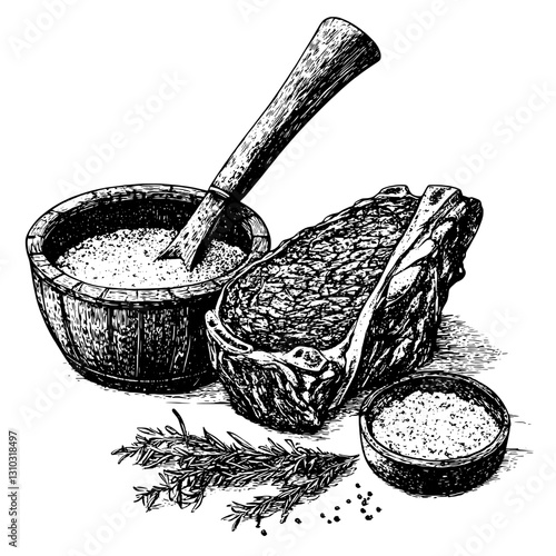Engraved vector illustration of traditional mortar and pestle with herbs and spices for artistic tattoo and packaging design purposes