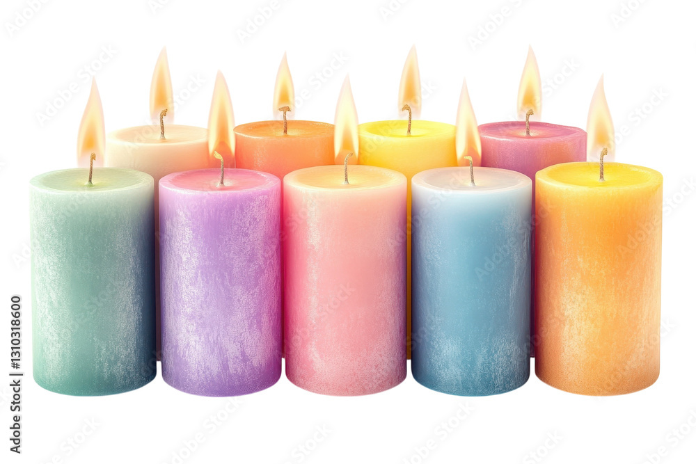 Colorful candles arranged in a row with gentle flames illuminating vibrant hues in a serene setting Colorful candles arranged in a row with gentle flames illuminating vibrant hues in a serene setting
