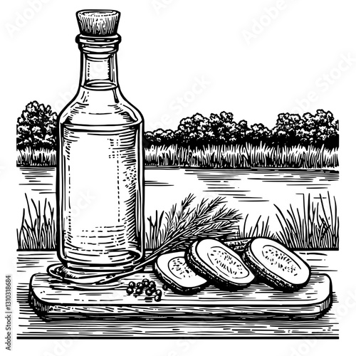 Engraved botanical design featuring a glass bottle with herbal tonic and cucumber slices on a rustic wooden table by a serene waterway