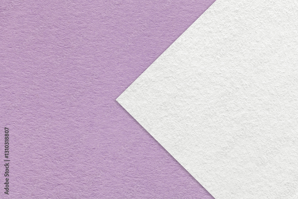 Fototapeta premium Texture light violet paper background, half two colors with white arrow, macro. Structure craft lilac cardboard.