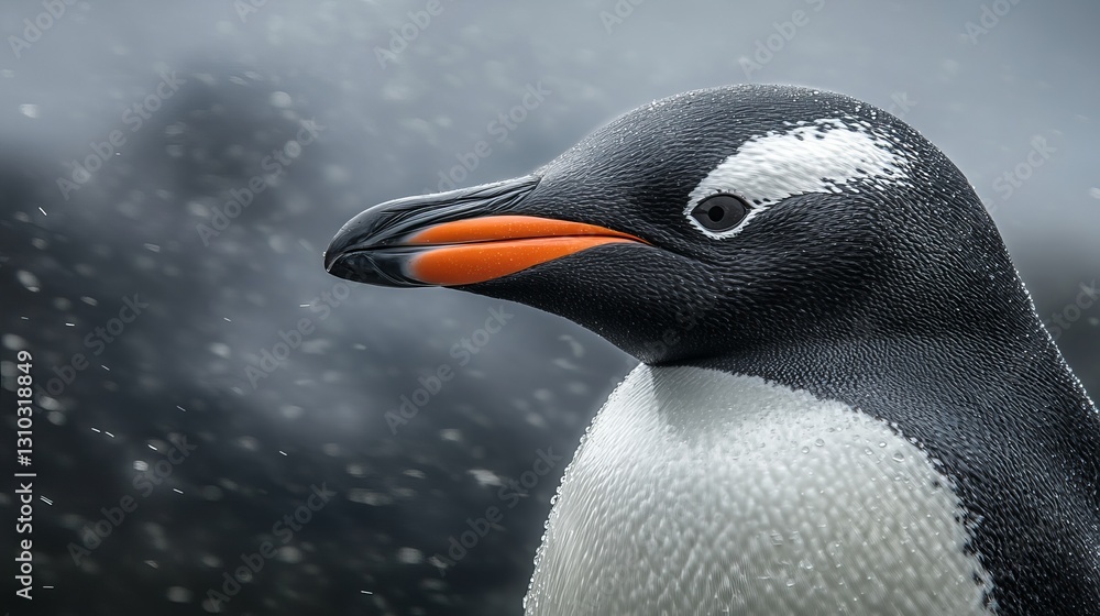 Naklejka premium Stunning Closeup of a Gentoo Penguin in Snow Elegant Wildlife Photography Antarctic Bird Winter Nature Image Beautiful Feathers Detailed Portrait