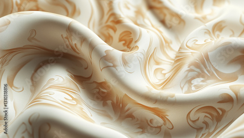 Elegant Cream Silk Fabric with Golden Swirl Pattern
