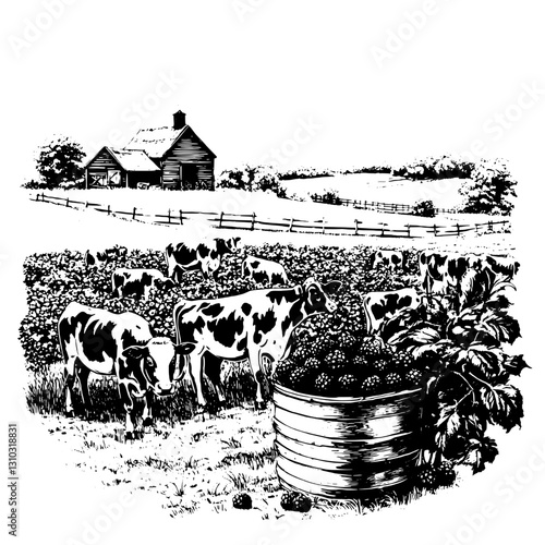 Engraved illustration of a rustic farm with cows grazing and a berry-filled bucket amidst a serene landscape