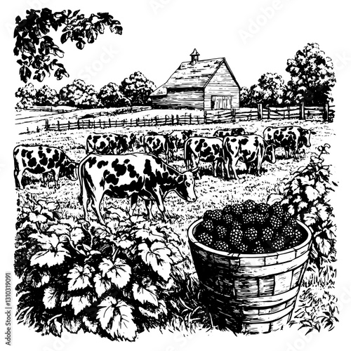 Rustic countryside landscape featuring grazing cows and a basket of fresh berries in a serene farm setting