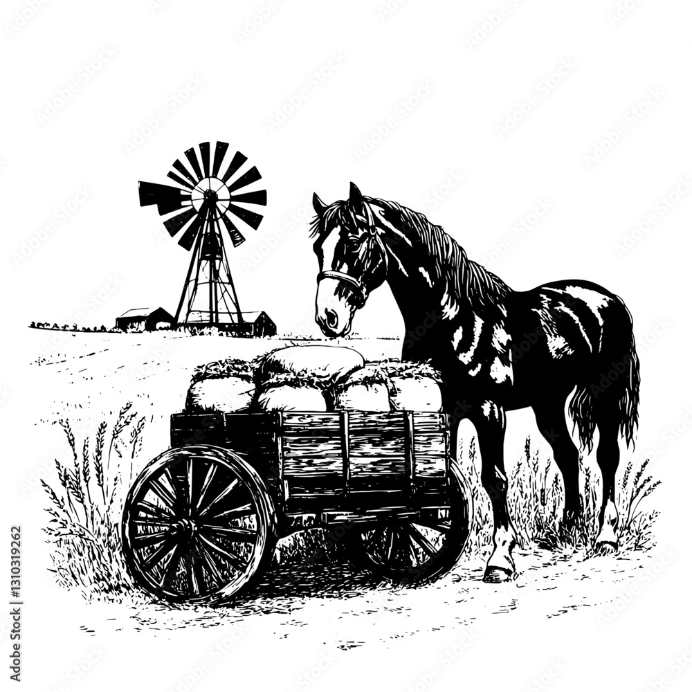 Fototapeta premium Majestic horse stands beside a wooden cart filled with hay near a windmill on a tranquil farm landscape at sunset