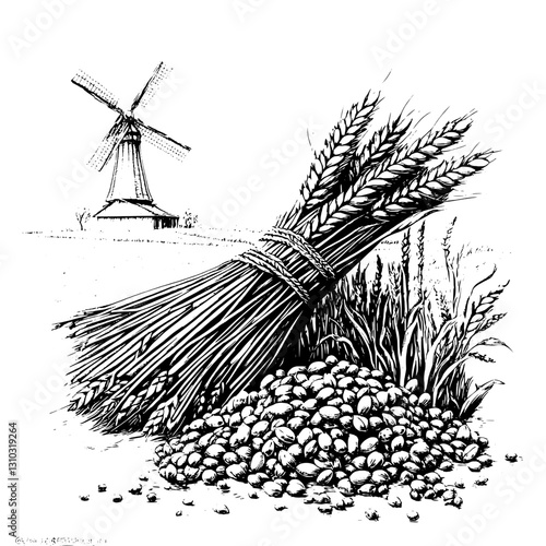 Engraved illustration of wheat sheaves and grains beside a rustic windmill in a serene landscape setting