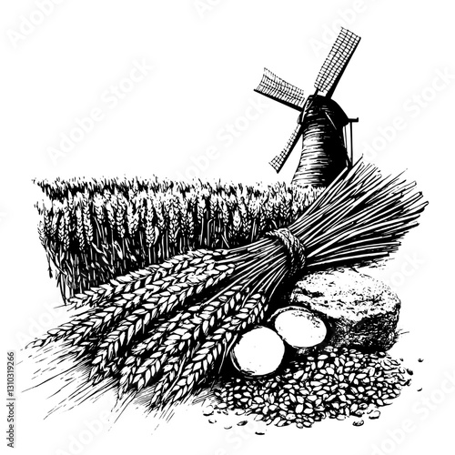 Engraved illustration of a rustic windmill surrounded by fields of wheat, with a bundle of grain and fresh eggs highlighting agricultural life