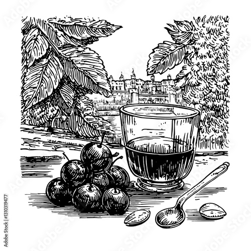 A beautifully detailed engraved illustration of a glass of dark liquid accompanied by grapes and spoons in an enchanting outdoor setting