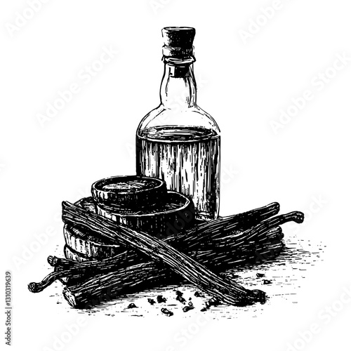 Artistic engraving of vanilla bean, a bottle and wooden containers in a vintage style for tattoo and packaging design