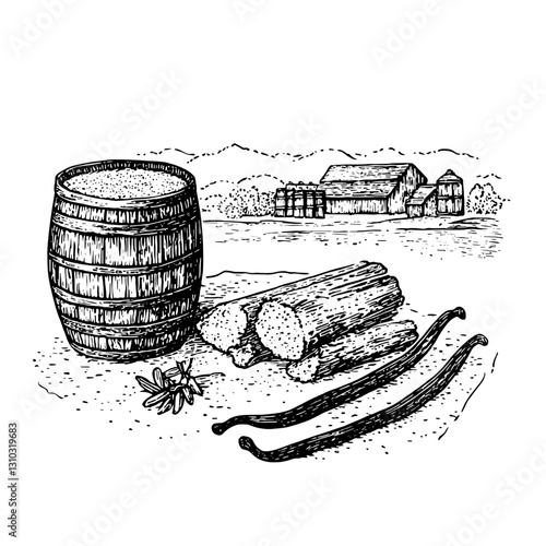 Engraved illustration of a rustic scene featuring a barrel, wood logs, and vanilla beans near a farmstead in a serene landscape