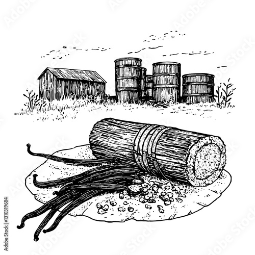 Engraved illustration showcasing organic vanilla beans and rustic barrels in a tranquil farm setting