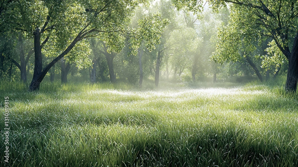 Obraz premium Sunlit forest path with tall grass.