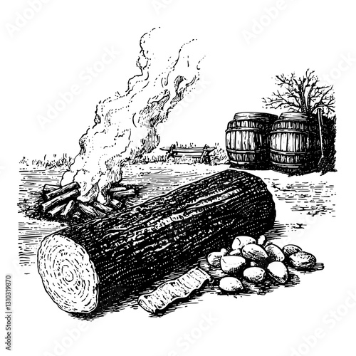 Engraved artwork of a rustic campfire scene with smoking logs and nearby barrels, capturing the essence of outdoor craftsmanship