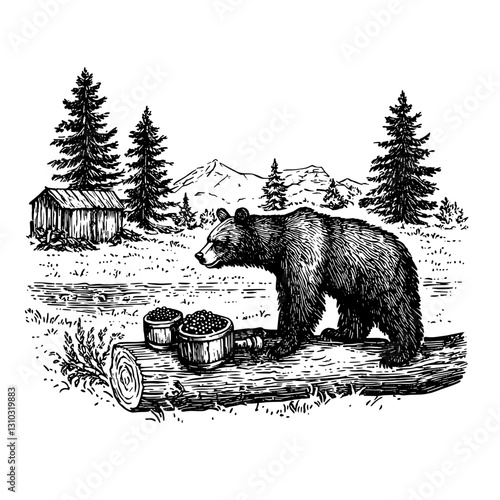 Engraved illustration depicting a bear foraging near berry baskets in a serene mountain landscape surrounded by tall trees