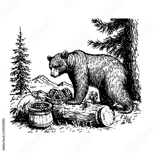 Engraved black and white illustration of a bear foraging in a forest with pine trees and a backdrop of mountains