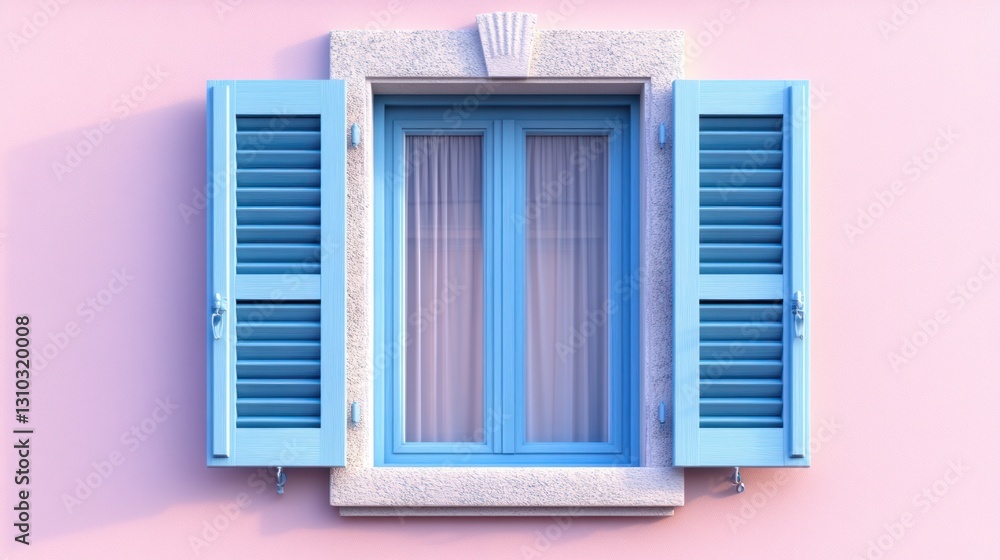 Fototapeta premium Pastel pink wall with light blue window and shutters.