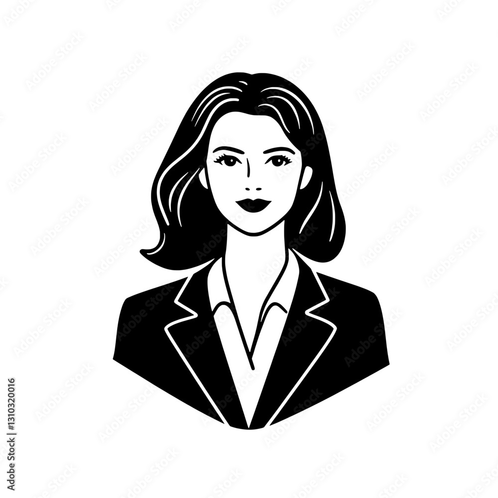 Stylized black and white vector illustration of a confident woman in a business suit suitable for tattoo and packaging design Stylized black and white vector illustration of a confident woman in a business suit suitable for tattoo and packaging design