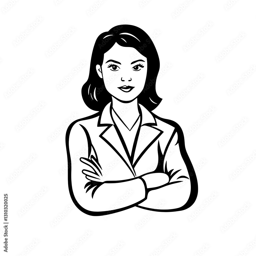 Engraved illustration of a poised businesswoman in a formal suit, showcasing confidence and professionalism for diverse design applications Engraved illustration of a poised businesswoman in a formal suit, showcasing confidence and professionalism for diverse design applications