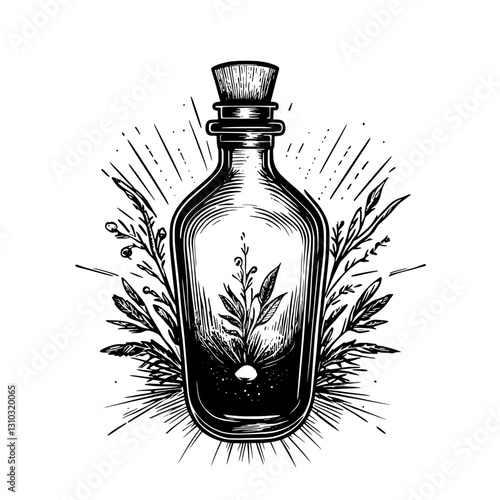 Elegant botanical illustration of a potion bottle with intricate engravings and surrounding flora showcasing nature’s beauty