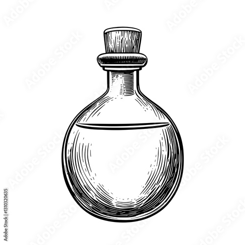 Engraved illustration of a vintage round potion bottle for creative tattoo and packaging design projects
