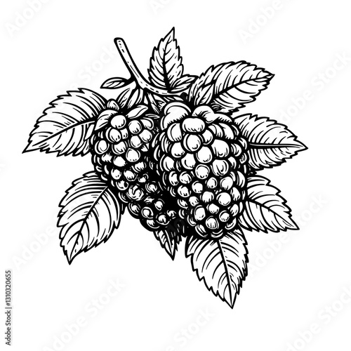 Intricate engraving of ripe blackberries adorned with lush green leaves, perfect for tattoo art and packaging design inspiration