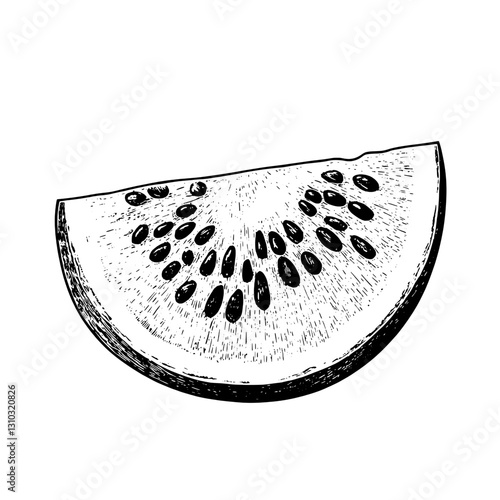 Detailed engraved illustration of a sliced watermelon showcasing intricate seeds and textures for creative designs